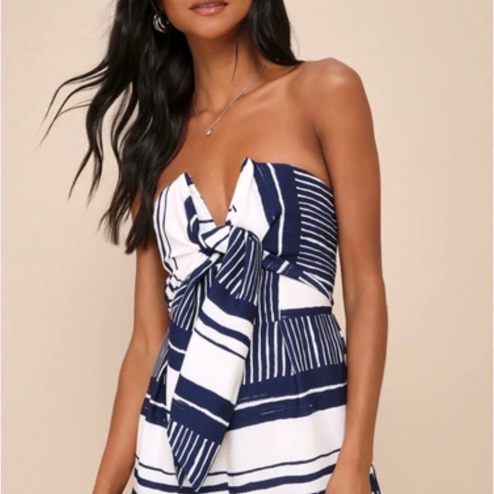 Lulu's Delphi Blur and White Striped Tie Front Strapless Jumpsuit